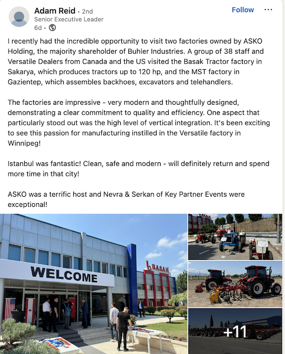 Adam Reid Basak Tractor factory tour LInkedIn post